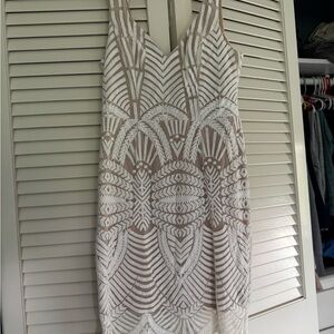 Elegant White and Nude Patterned Dress